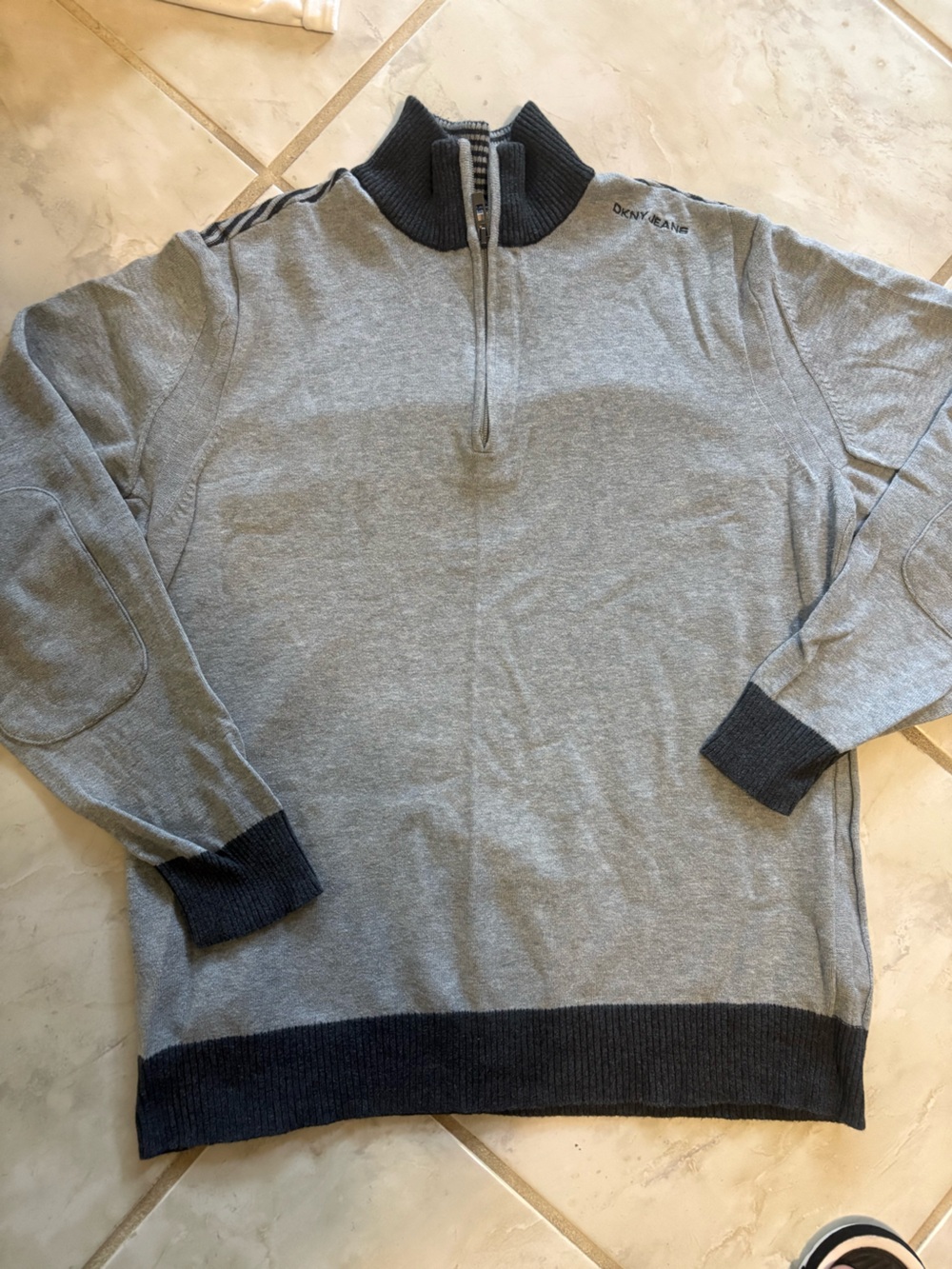 DKNY Men's Light Gray Half-Zip Sweater with Dark Charcoal Trim